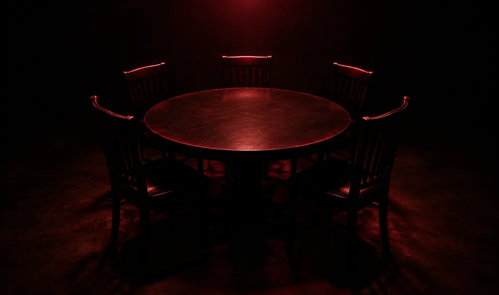 Six empty chairs around a round table in a dark room