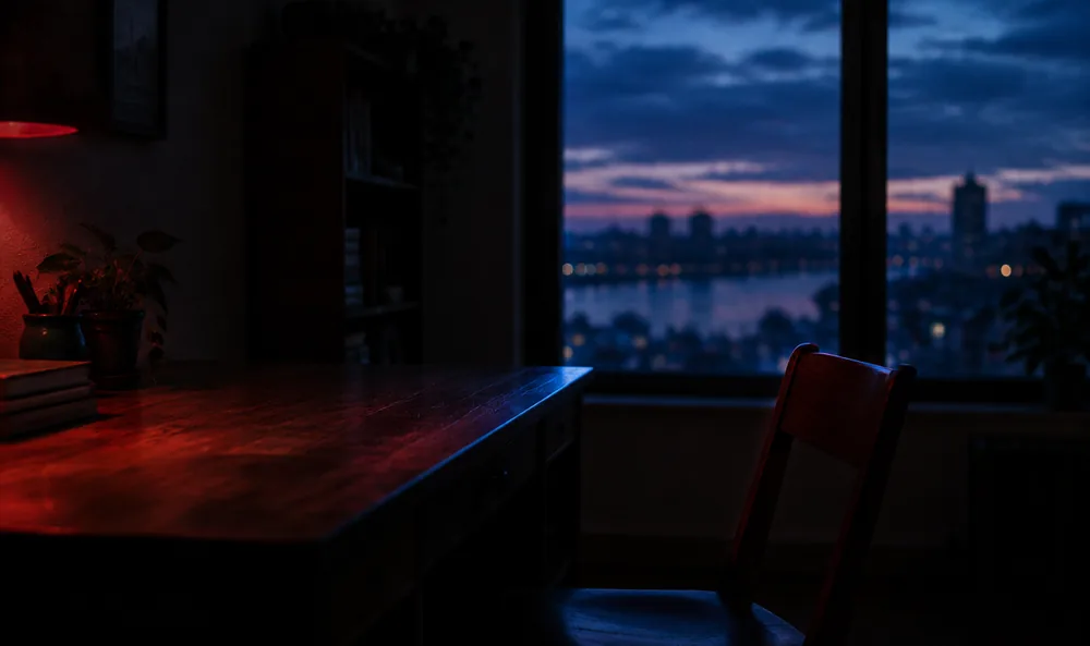 An empty desk by a window in the last light of the evening