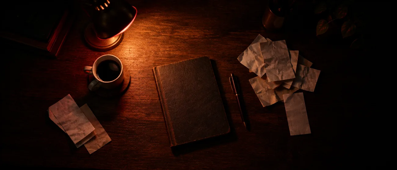 A desk at night with receipts and a notebook under a single lamp