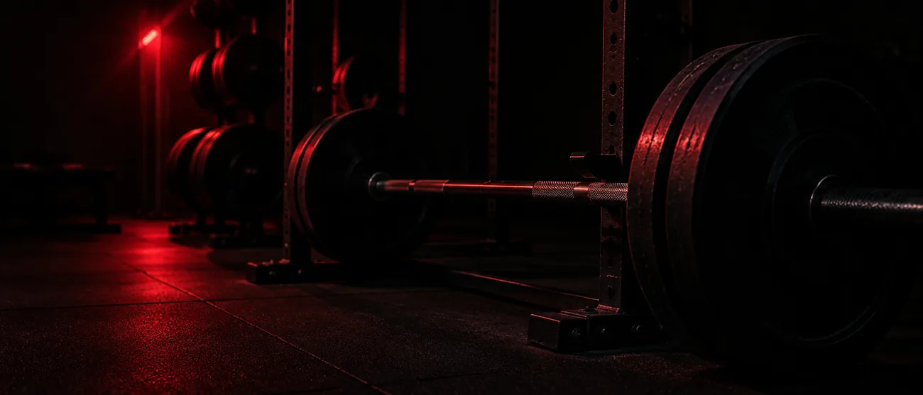 A weight rack under low light in an empty gym