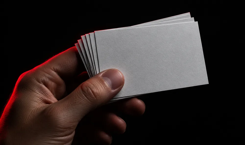 A hand holding a stack of business cards