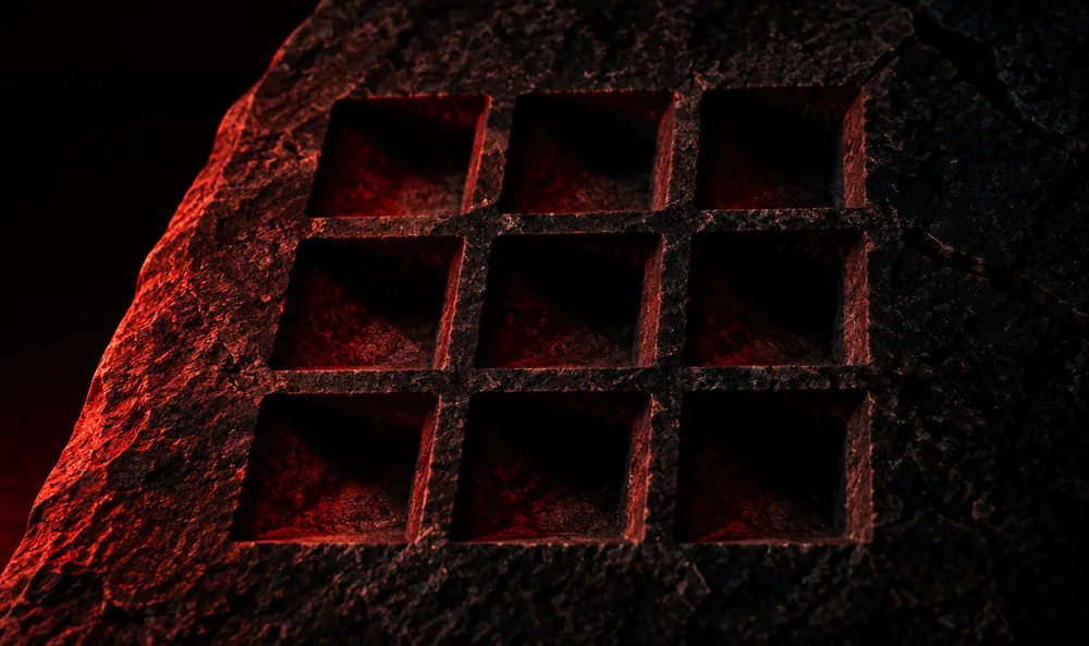 A three by three grid of numerals carved into dark stone