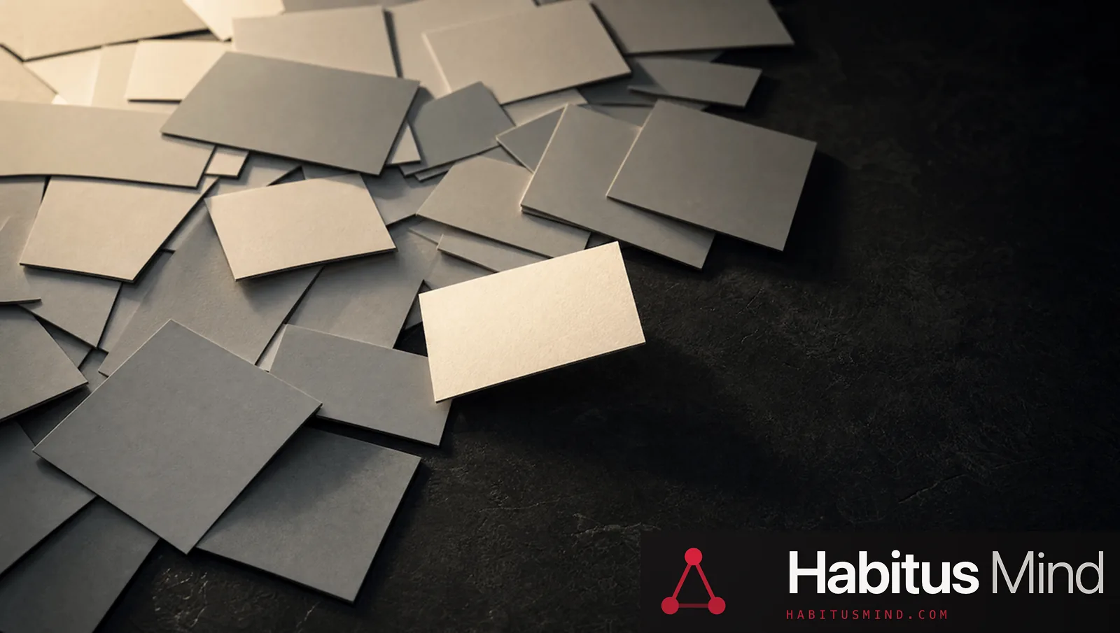 Blank business cards scattered across a dark desk, one card lifted and lit apart from the pile