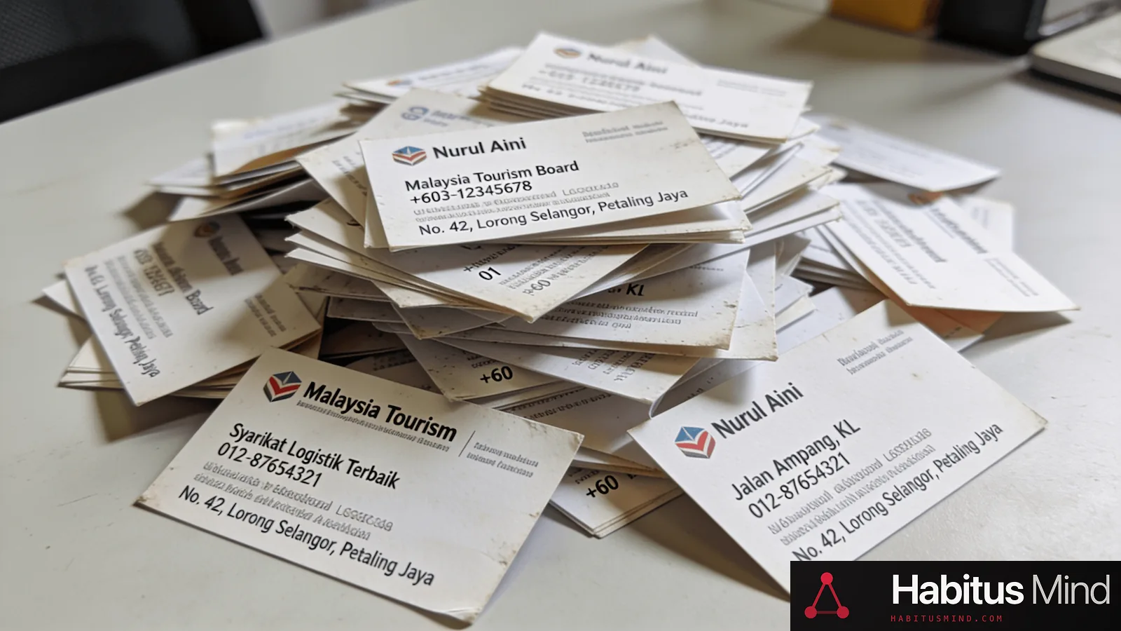 A pile of 43 business cards collected over two months, photographed from above with names blurred