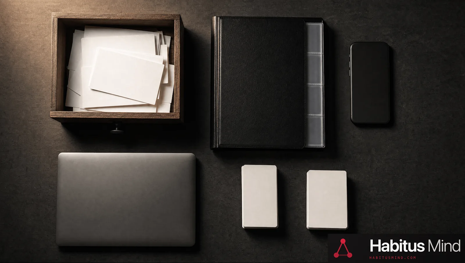 Six ways of storing business cards laid out on a desk: a drawer, a binder, a phone, a laptop and two loose stacks