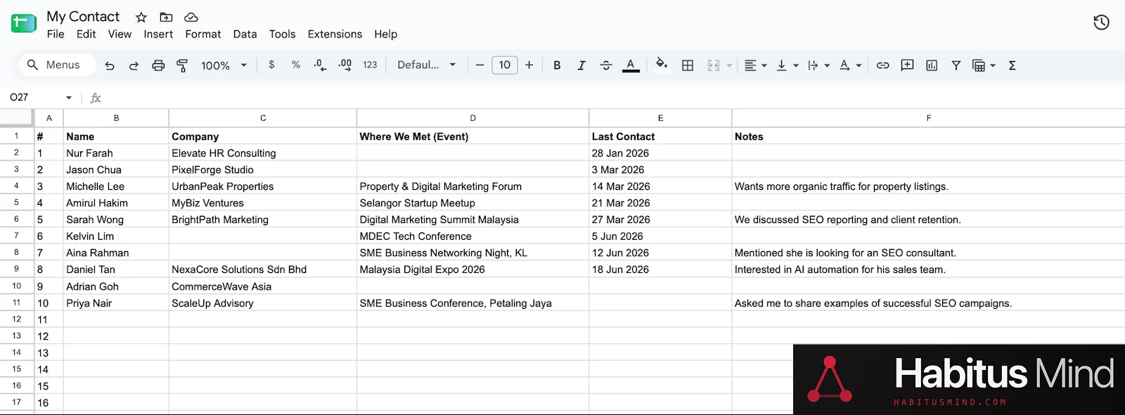 An abandoned contact spreadsheet with its last-modified date visible, showing months of inactivity
