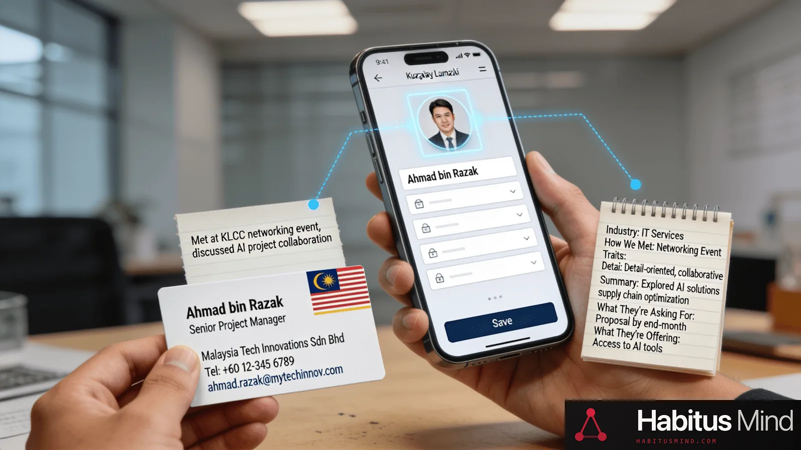 A realistic photo of a person scanning a Malaysian business card with a smartphone, showing five extracted contact fields alongside relationship details that cannot be found on the card, such as where they met, what they discussed, and what the person needs or offers.