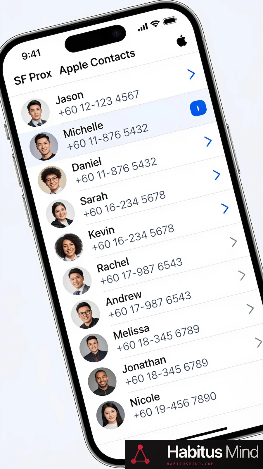 A phone contacts list showing a run of entries with first names only and no company or context