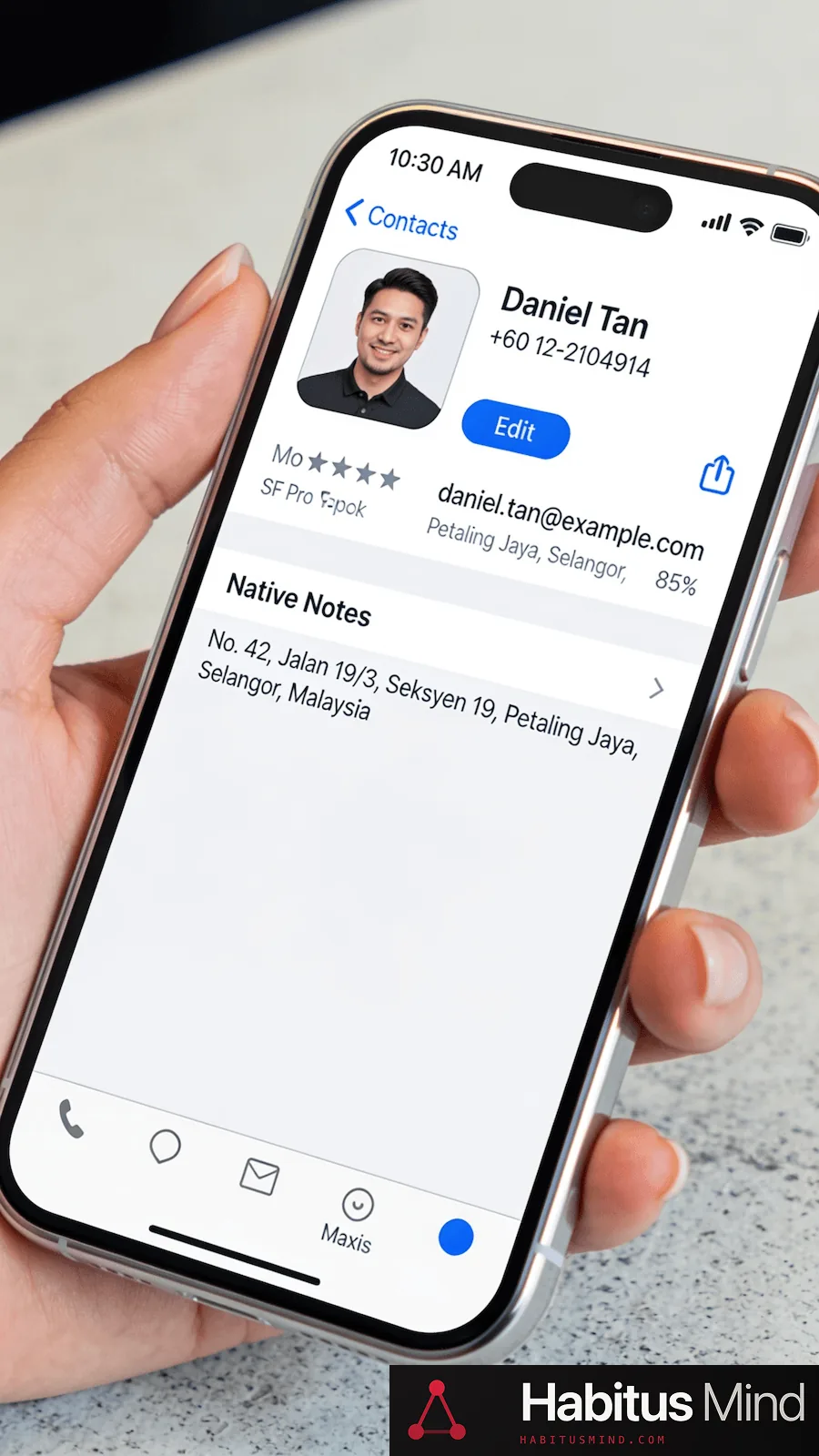 A single contact record opened on a phone, with the notes field completely empty