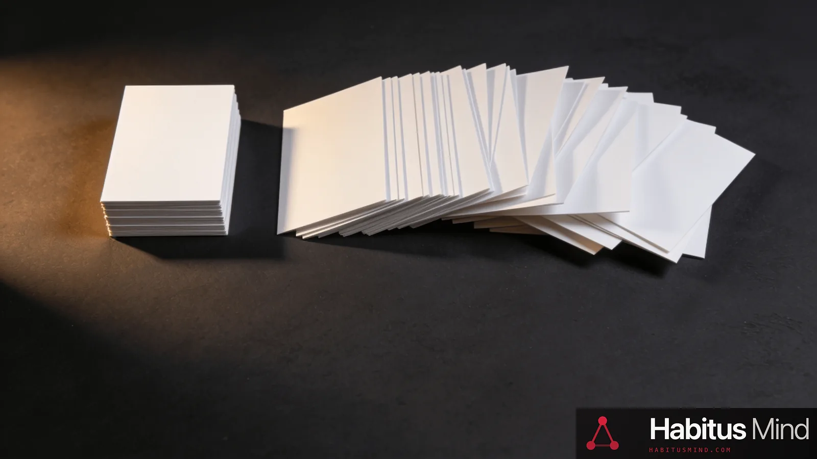 Two stacks of blank business cards on a dark desk, one small and neat, the other large and disordered