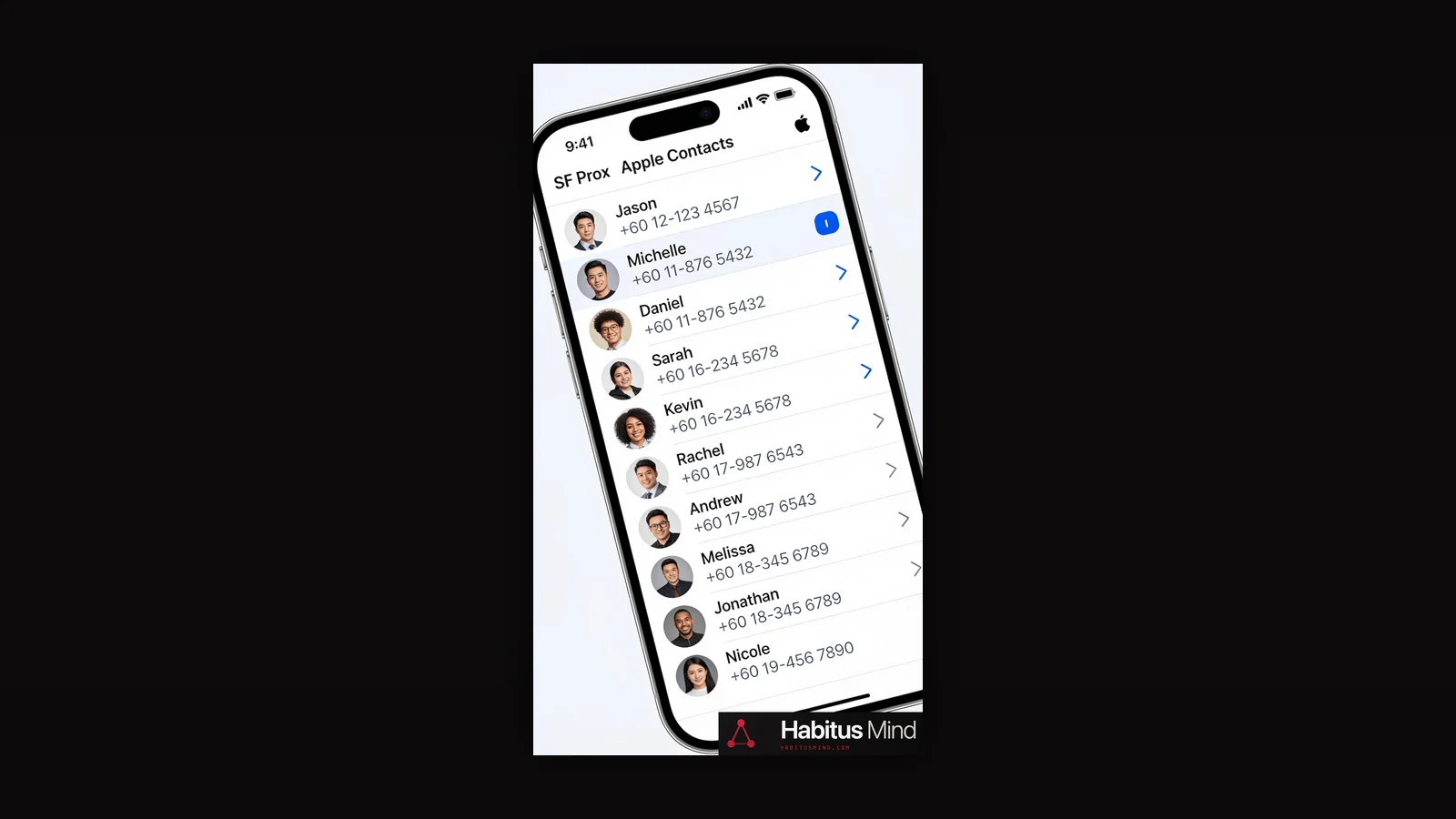 A phone contacts list scrolled to a run of unplaceable entries, shown as a phone screen inside a dark editorial cover frame