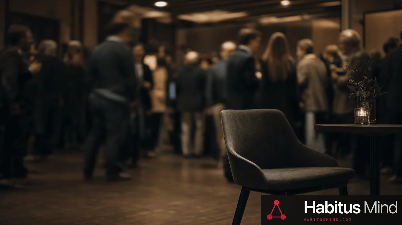 A crowded room of blurred figures at an evening event, with a single empty chair sharply in focus in the foreground