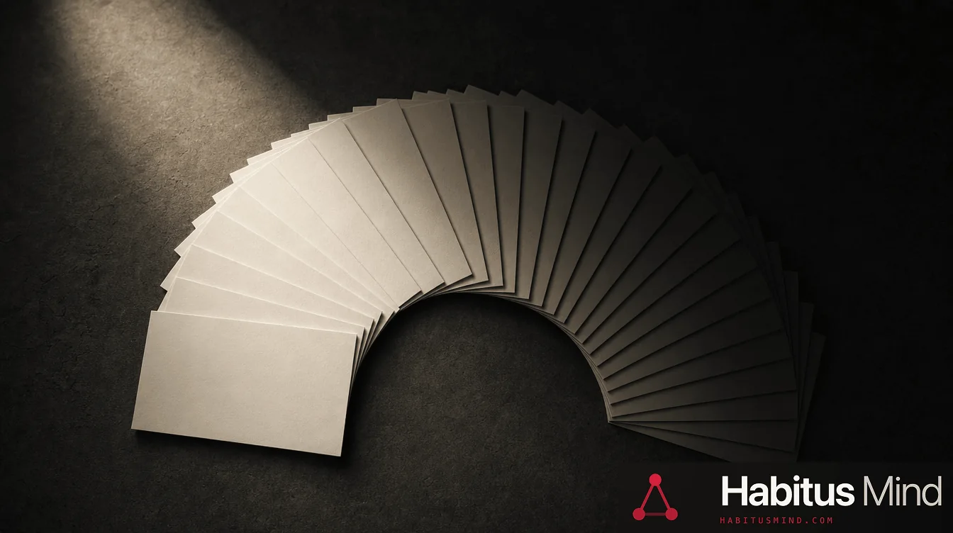 Forty-three blank business cards fanned across a dark surface, twelve of them lit and the rest fading into shadow