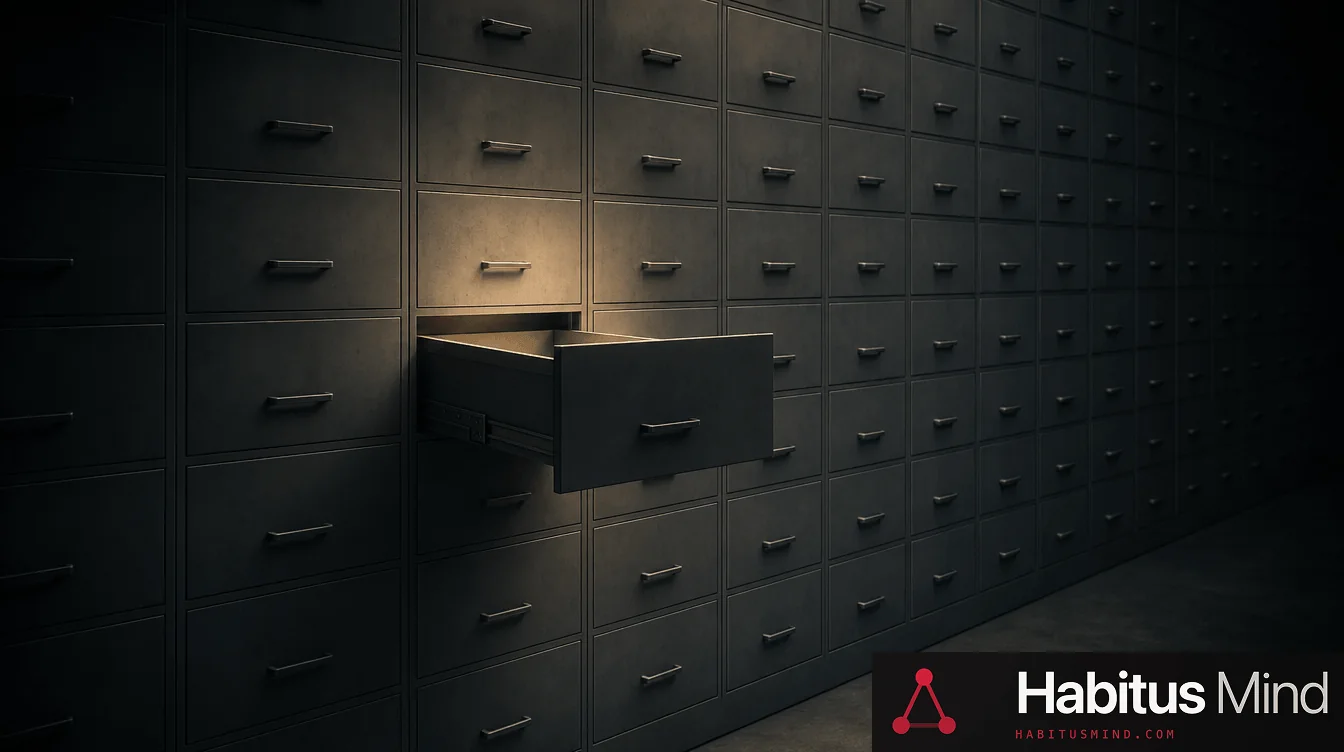A long row of identical filing drawers in dim light, with one drawer pulled open and lit