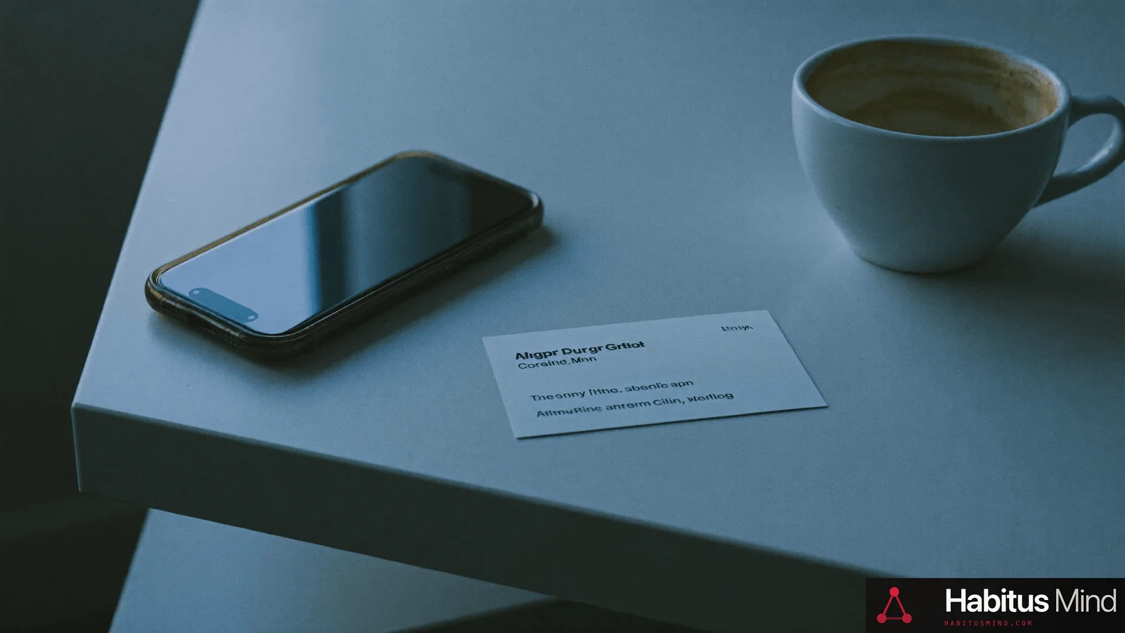 A desk at dawn with a phone face up beside a single blank business card and a cold cup of coffee