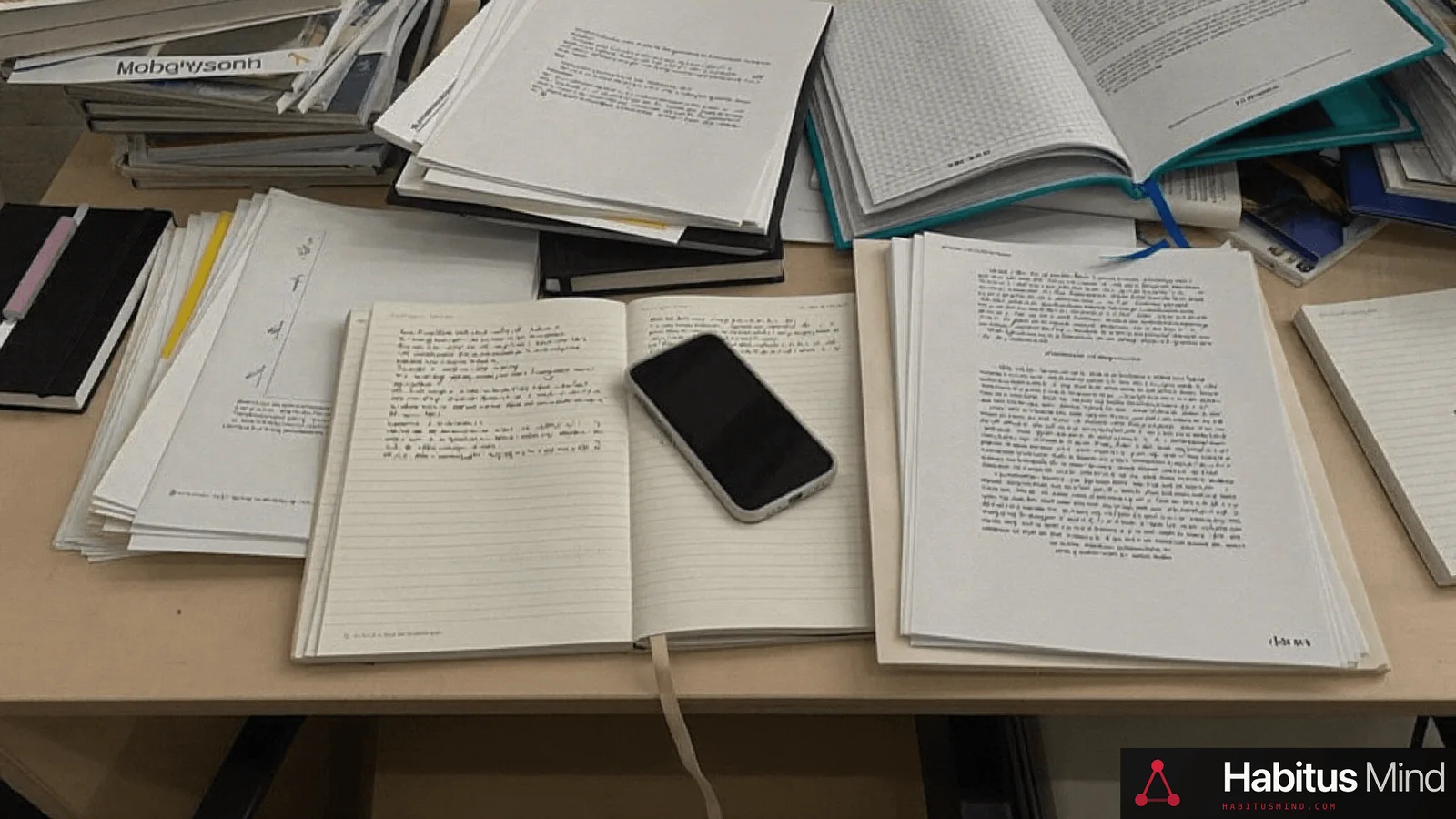 A phone lying face down and untouched on a desk, half buried under papers and folders during a working day
