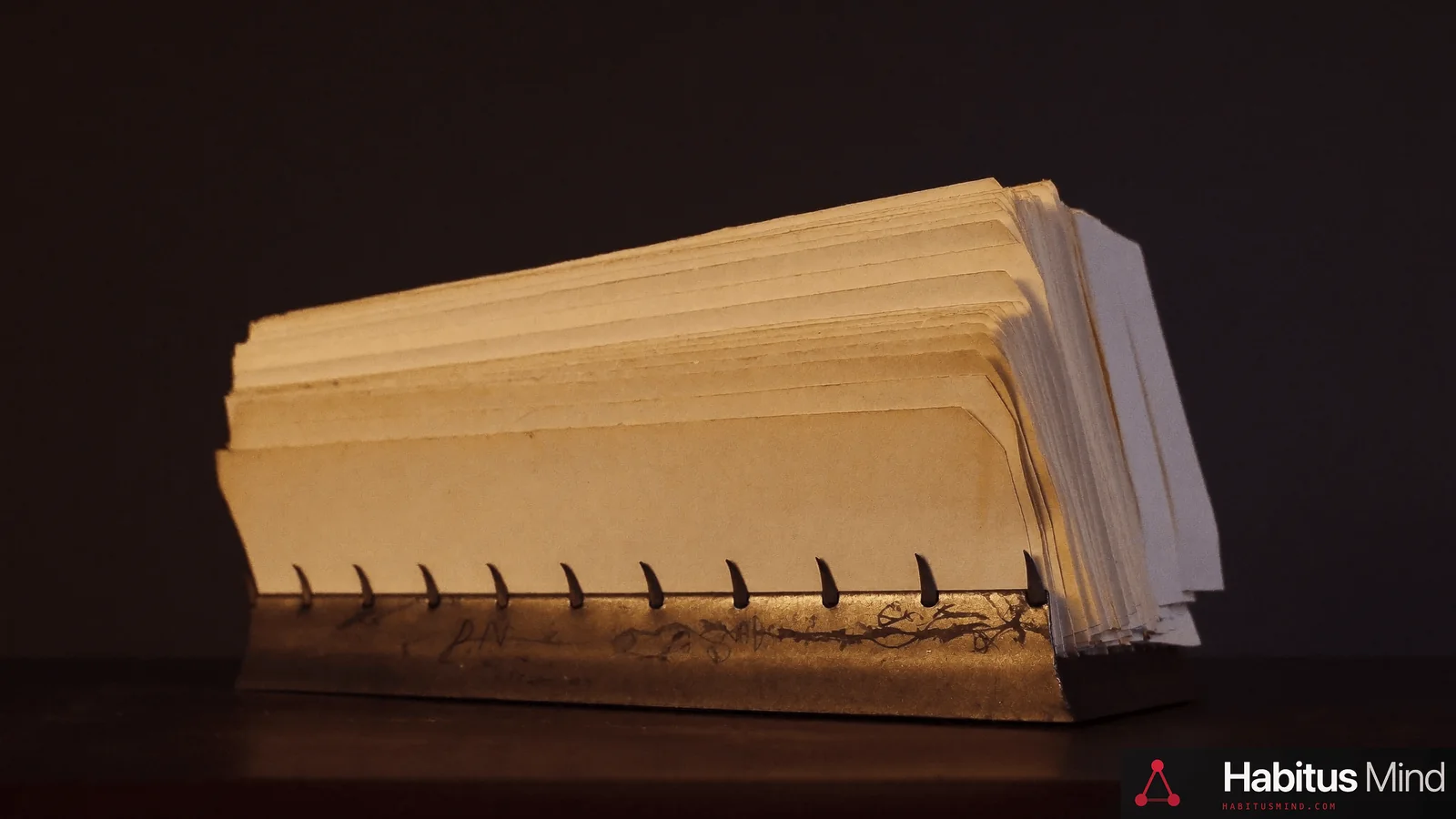 A row of dated paper slips on a spike file, the oldest at the bottom, all intact and in order