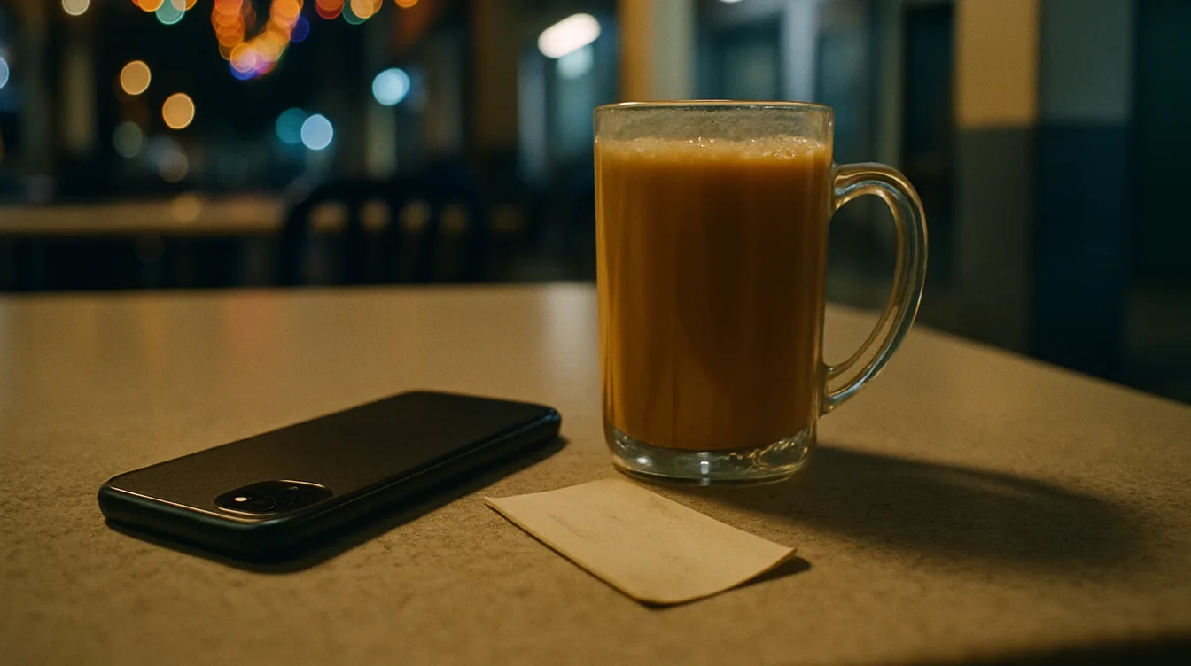 A phone face down beside a glass of teh tarik and an old name card on a mamak table at night, festive lights out of focus behind.