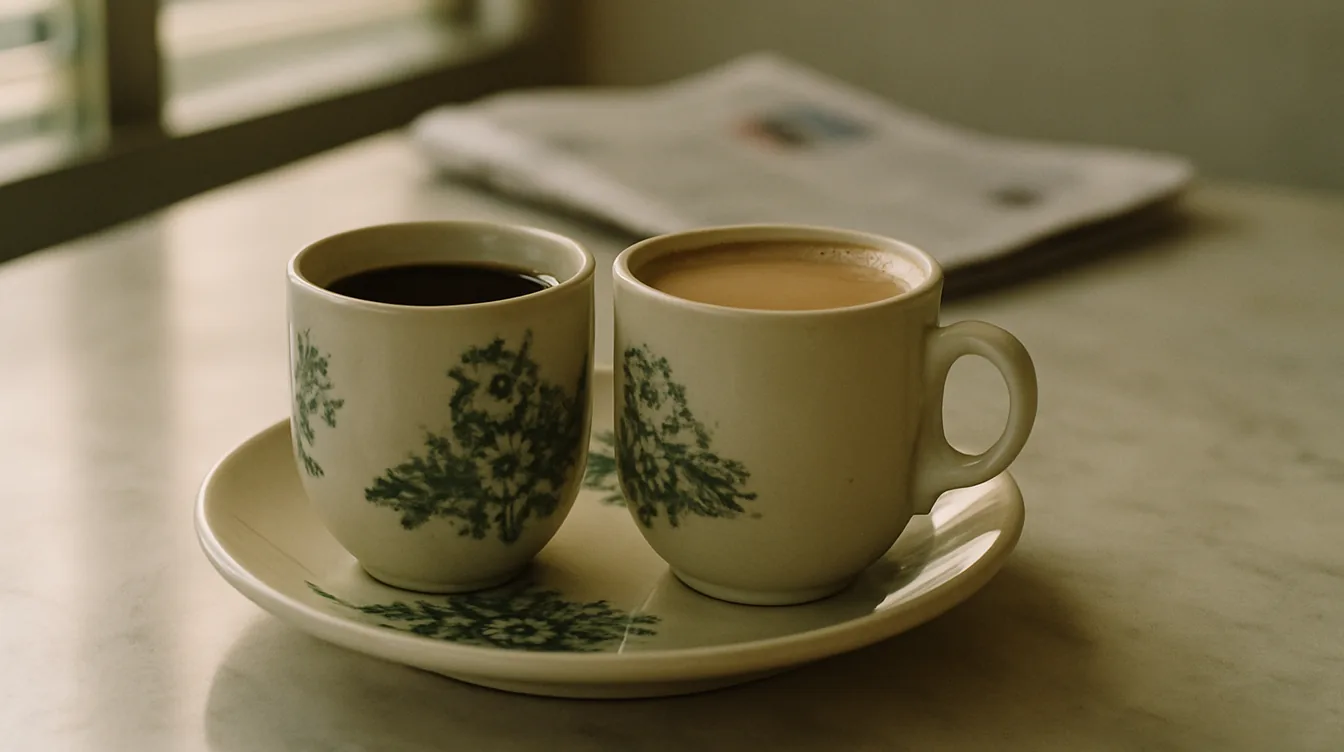 Two kopitiam cups, one kopi and one teh tarik, sharing a single saucer on a marble table in morning light.