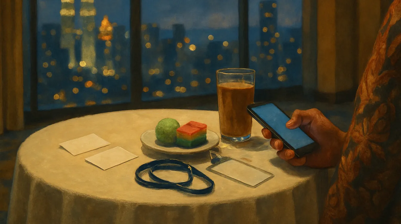 Illustration of a hand holding a phone beside name cards and a lanyard on a cocktail table after an evening business event in Kuala Lumpur