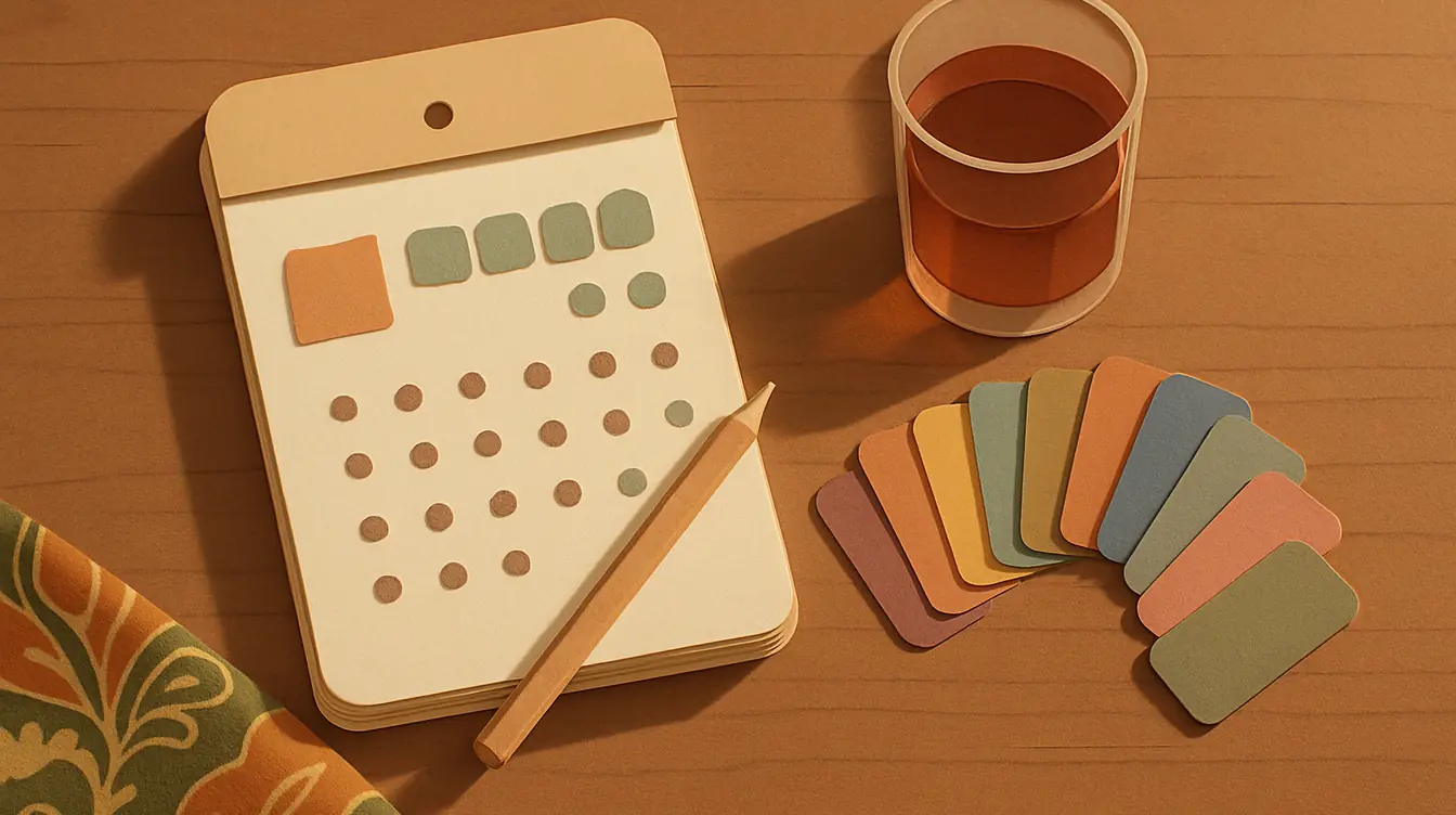Illustration of a tear-off calendar and twelve coloured month tabs on a wooden desk beside a glass of tea, seen from above