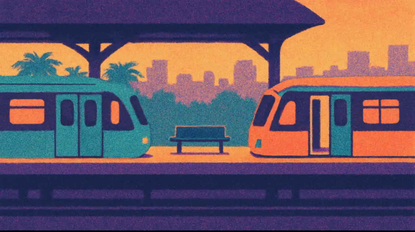 插画：黄昏时吉隆坡一座车站，两条不同路线的列车在同一个月台上相向停着，中间是一张空长椅