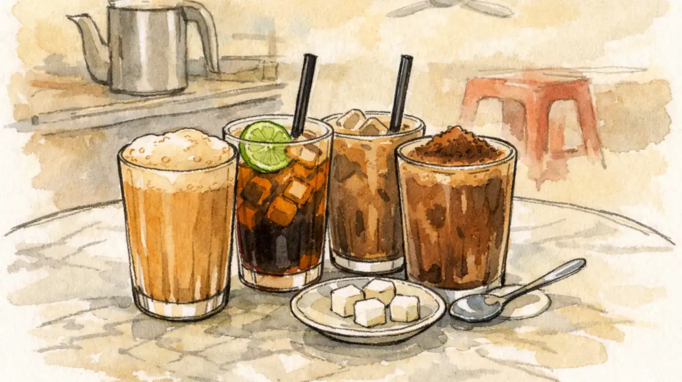 Pen-and-wash illustration of a glass of teh tarik, an iced teh O with lime, an iced kopi and an iced Milo on a marble mamak table, with a saucer of sugar cubes, a tea-pulling jug and a red plastic stool behind