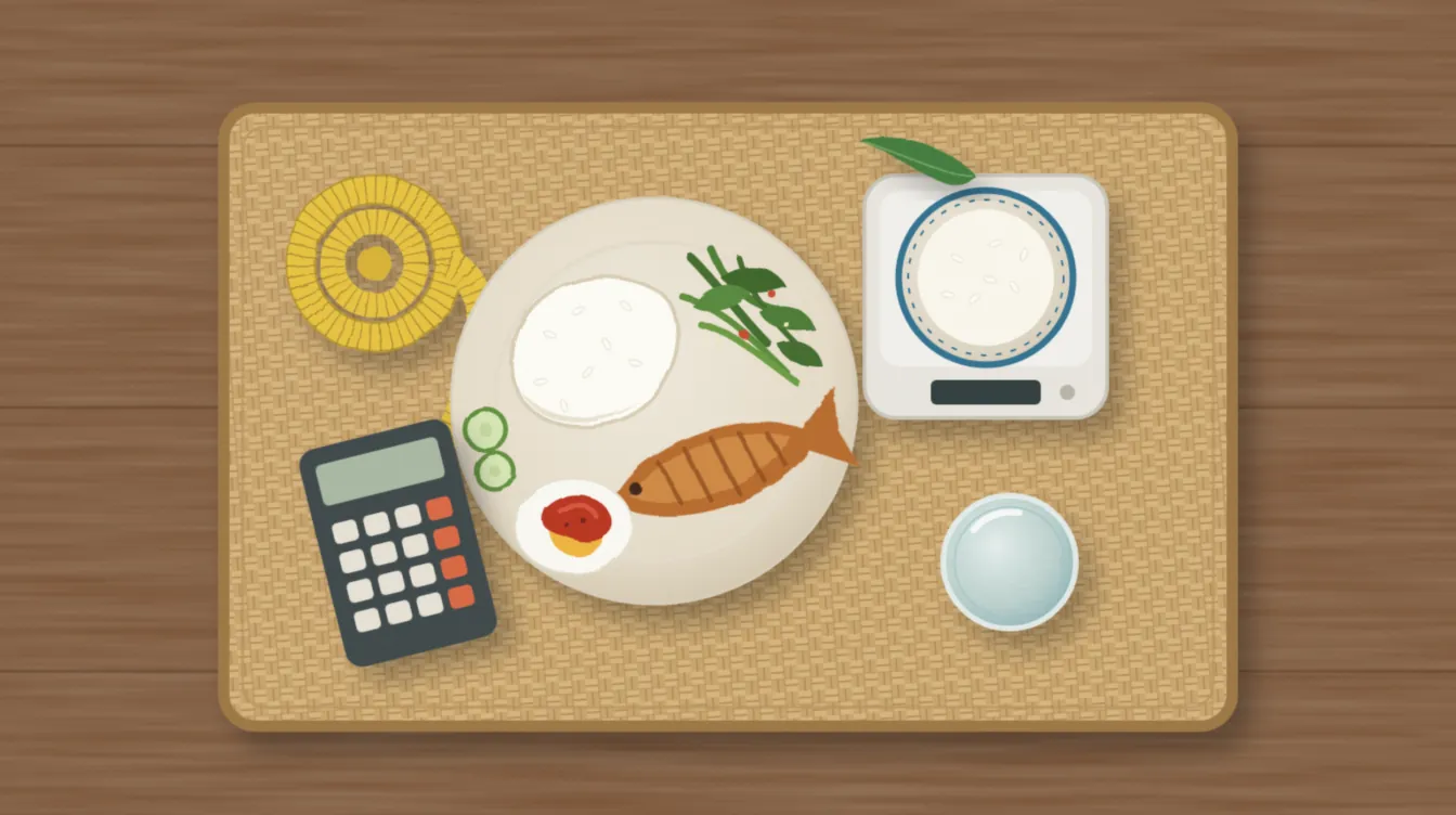 Flat illustration, seen from above, of a plate of nasi campur on a rattan placemat, beside a kitchen scale holding a bowl of rice, a tape measure, a glass of water and a calculator